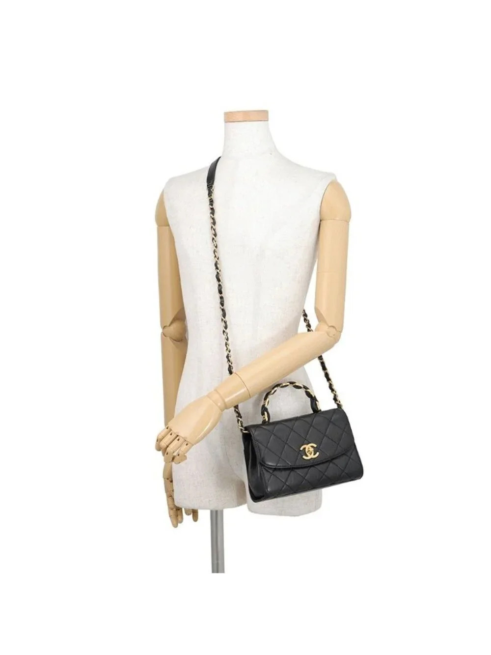 Chanel Chain Shoulder Bag Quilted Top Handle Crumple Lambskin 2-Way Black